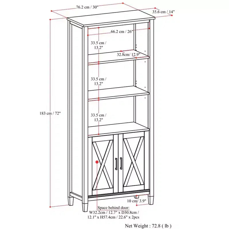 SOLID WOOD 72 inch x 30 inch Transitional Bookcase with Storage, Shaker Doors, Open Shelves, Smoky Brown