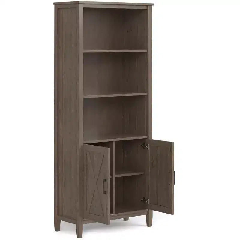 SOLID WOOD 72 inch x 30 inch Transitional Bookcase with Storage, Shaker Doors, Open Shelves, Smoky Brown