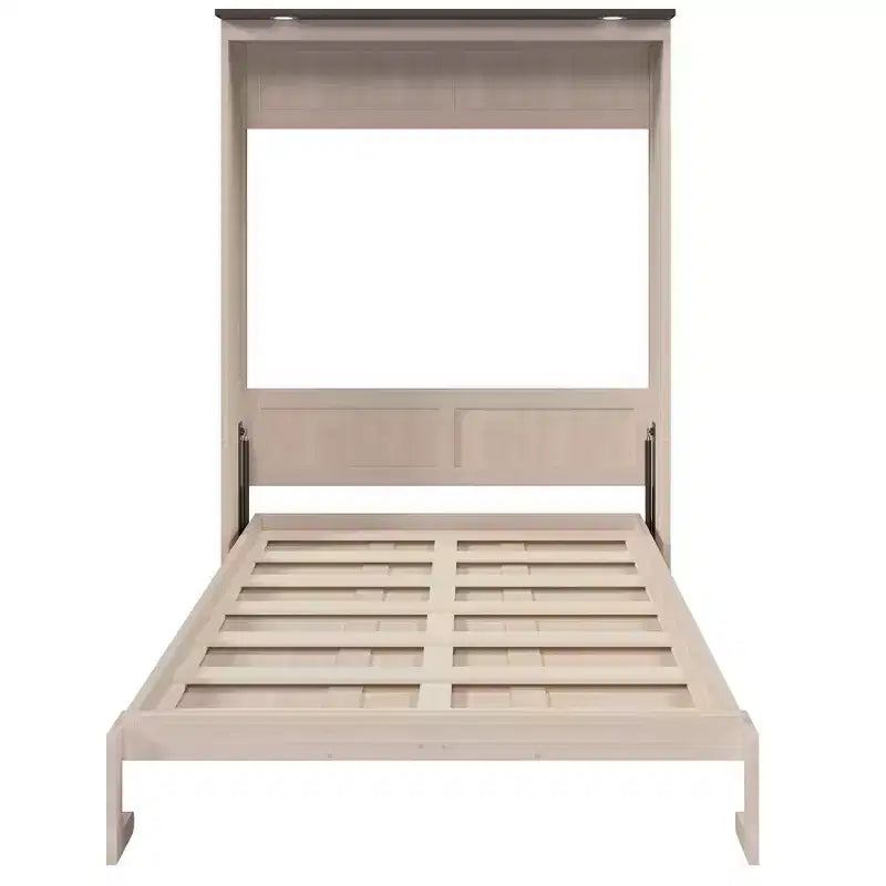 Queen Size Murphy Bed, Wooden Queen Cabinet Bed Wall Bed with LED Light, Folding Wall Chest Bed with for Guest Room, Beige