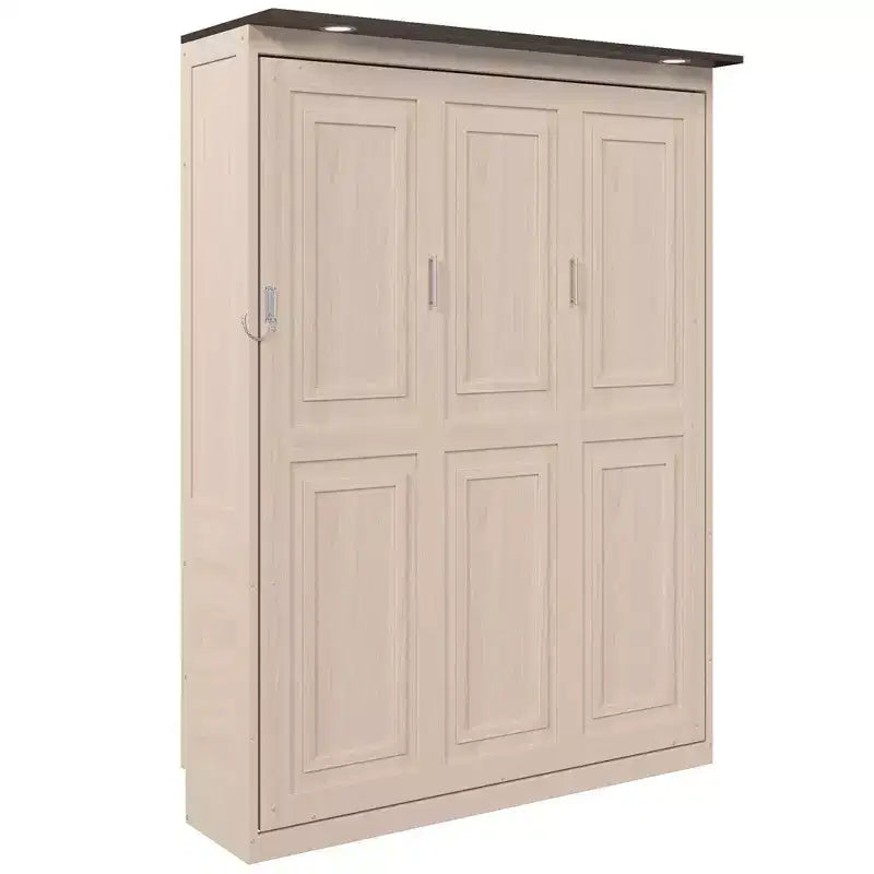 Queen Size Murphy Bed, Wooden Queen Cabinet Bed Wall Bed with LED Light, Folding Wall Chest Bed with for Guest Room, Beige