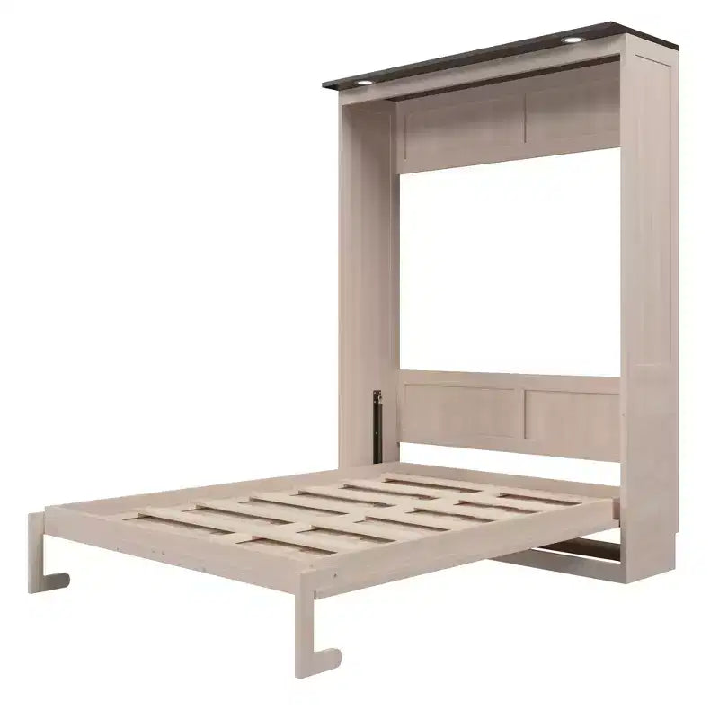 Queen Size Murphy Bed, Wooden Queen Cabinet Bed Wall Bed with LED Light, Folding Wall Chest Bed with for Guest Room, Beige