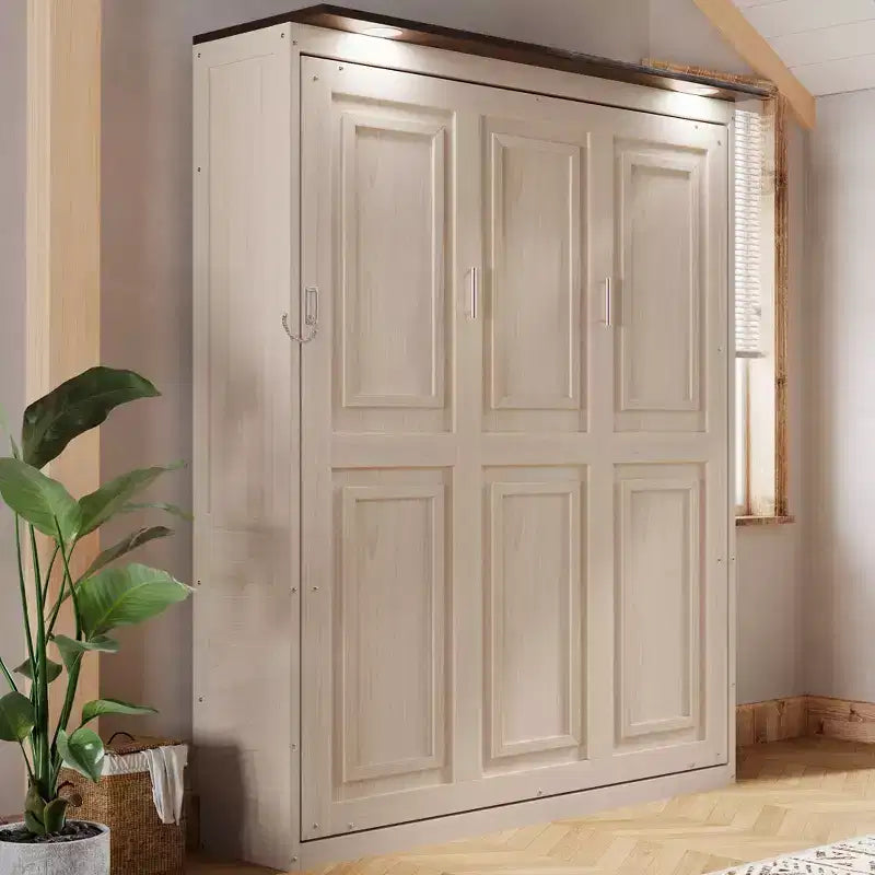 Queen Size Murphy Bed, Wooden Queen Cabinet Bed Wall Bed with LED Light, Folding Wall Chest Bed with for Guest Room, Beige