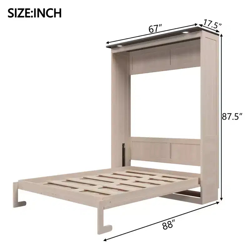 Queen Size Murphy Bed, Wooden Queen Cabinet Bed Wall Bed with LED Light, Folding Wall Chest Bed with for Guest Room, Beige