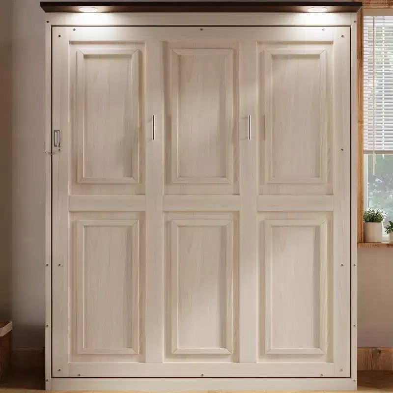Queen Size Murphy Bed, Wooden Queen Cabinet Bed Wall Bed with LED Light, Folding Wall Chest Bed with for Guest Room, Beige