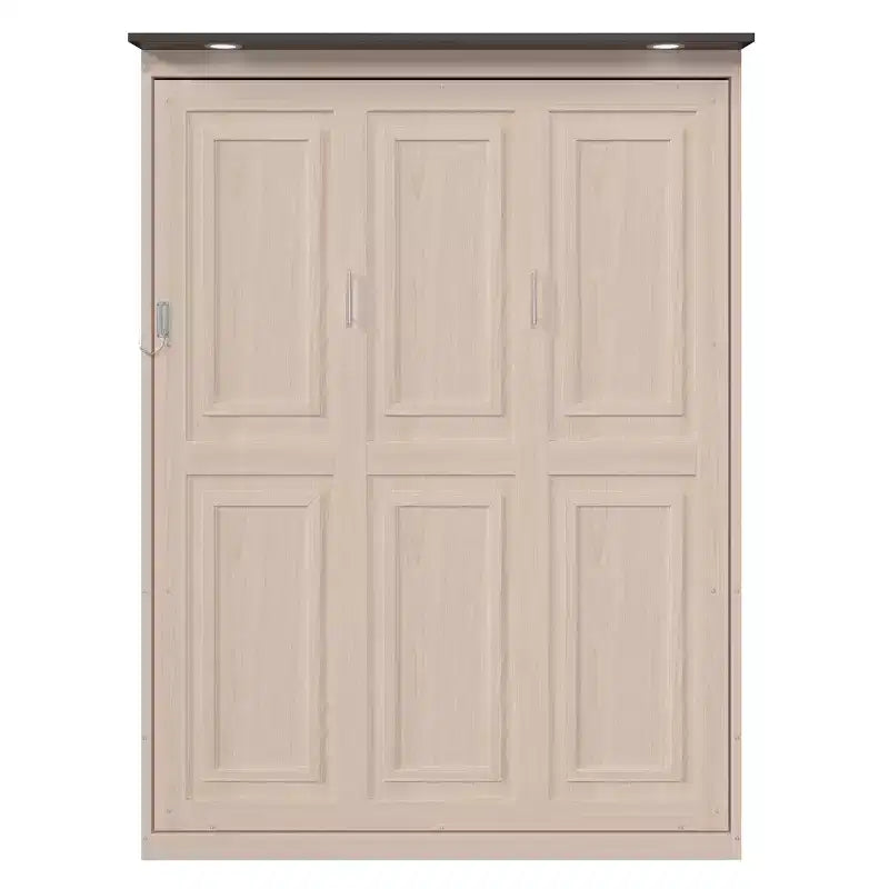Queen Size Murphy Bed, Wooden Queen Cabinet Bed Wall Bed with LED Light, Folding Wall Chest Bed with for Guest Room, Beige