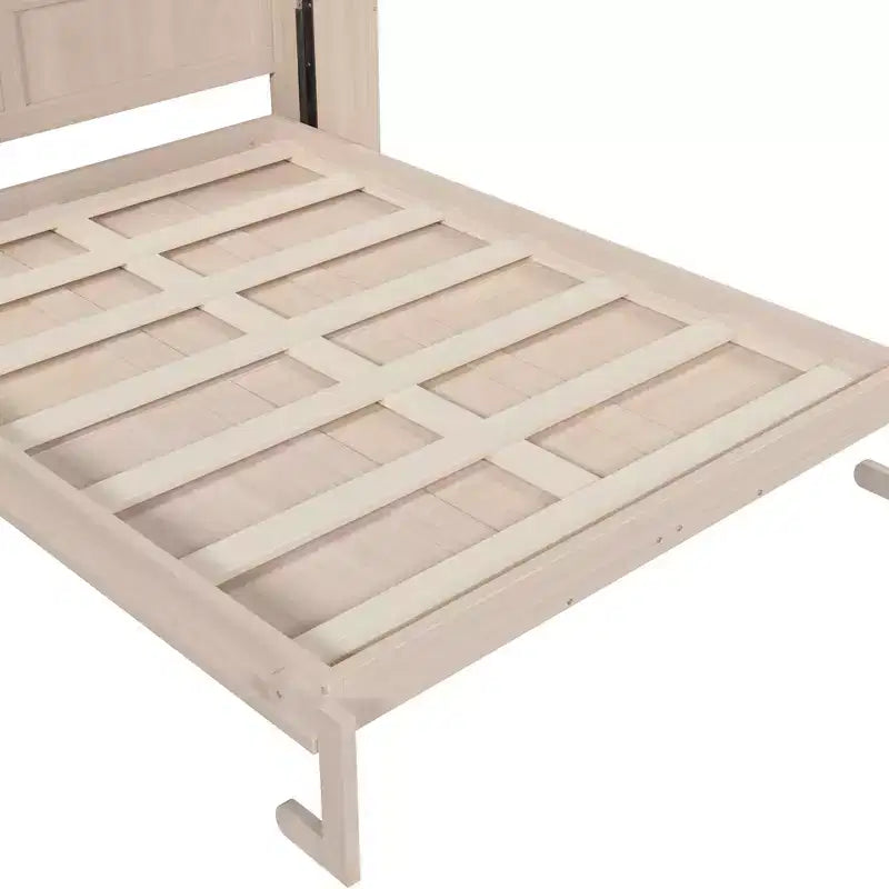 Queen Size Murphy Bed, Wooden Queen Cabinet Bed Wall Bed with LED Light, Folding Wall Chest Bed with for Guest Room, Beige