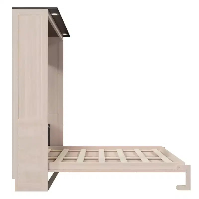 Queen Size Murphy Bed, Wooden Queen Cabinet Bed Wall Bed with LED Light, Folding Wall Chest Bed with for Guest Room, Beige