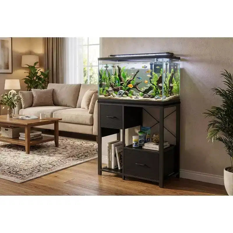 20-29 Gallon Fish Tank Stand with Power Outlets, Heavy Duty Metal and Wood Aquarium Stand with 2 Drawer and Sturdy Legs