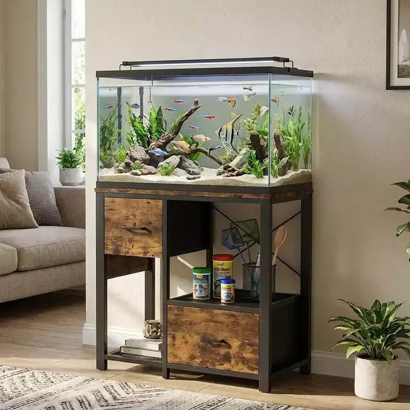 20-29 Gallon Fish Tank Stand with Power Outlets, Heavy Duty Metal and Wood Aquarium Stand with 2 Drawer and Sturdy Legs