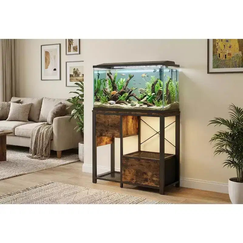 20-29 Gallon Fish Tank Stand with Power Outlets, Heavy Duty Metal and Wood Aquarium Stand with 2 Drawer and Sturdy Legs