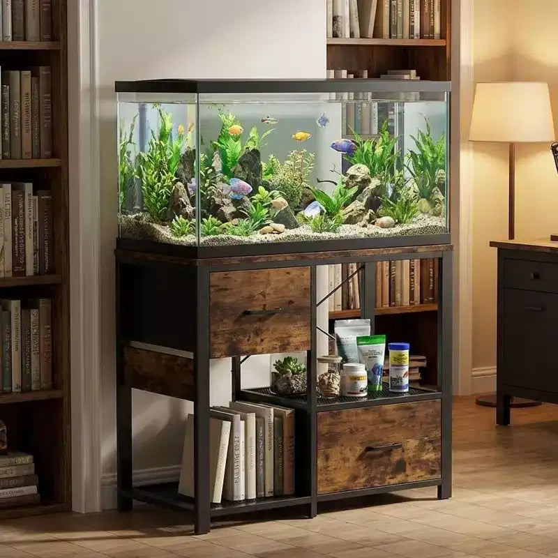 20-29 Gallon Fish Tank Stand with Power Outlets, Heavy Duty Metal and Wood Aquarium Stand with 2 Drawer and Sturdy Legs