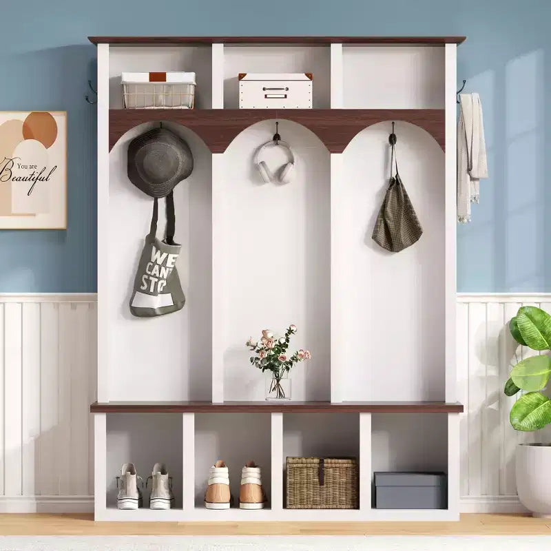 Farmhouse Wooden Style Hall Tree Storage Bench with 5 Hooks