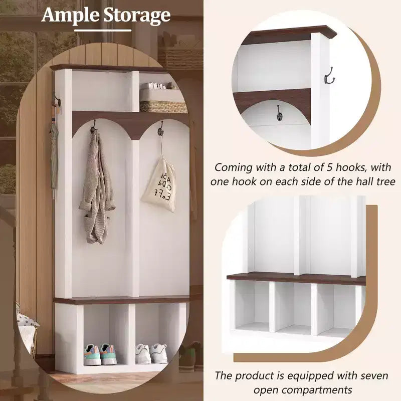 Farmhouse Wooden Style Hall Tree Storage Bench with 5 Hooks