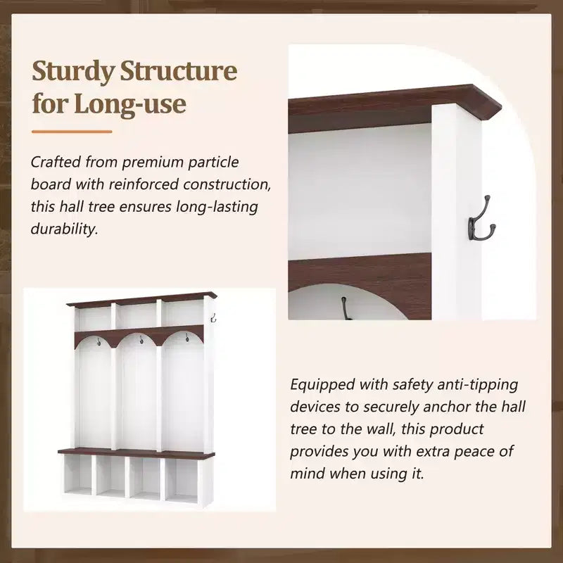 Farmhouse Wooden Style Hall Tree Storage Bench with 5 Hooks
