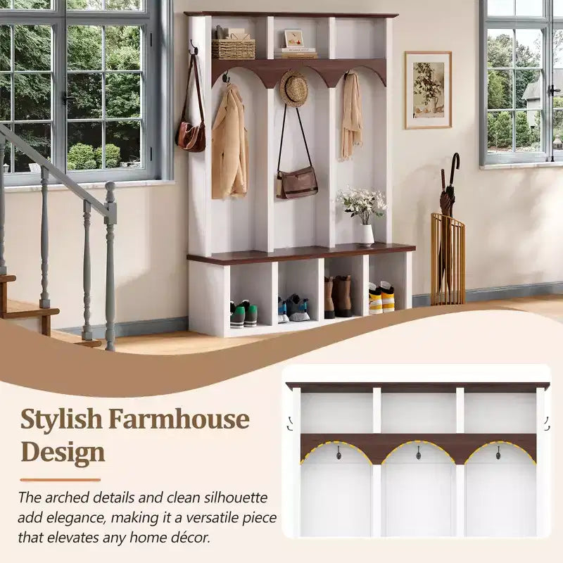 Farmhouse Wooden Style Hall Tree Storage Bench with 5 Hooks