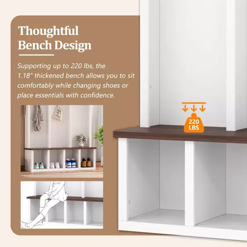 Farmhouse Wooden Style Hall Tree Storage Bench with 5 Hooks