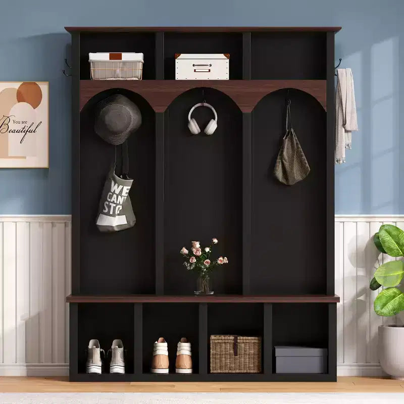 Farmhouse Wooden Style Hall Tree Storage Bench with 5 Hooks