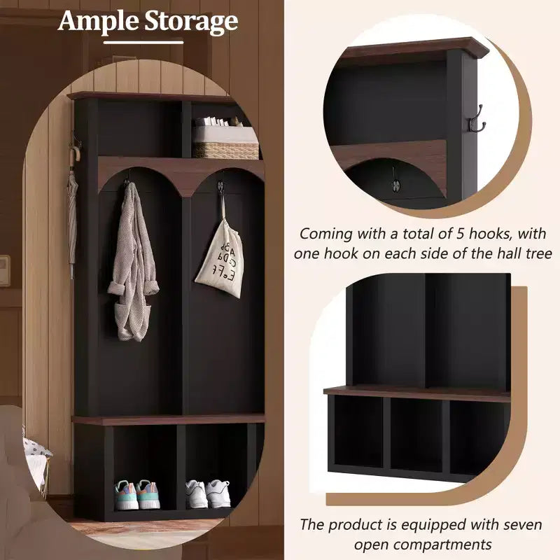 Farmhouse Wooden Style Hall Tree Storage Bench with 5 Hooks