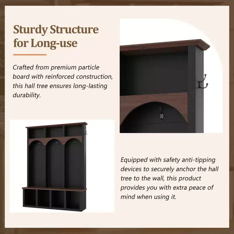 Farmhouse Wooden Style Hall Tree Storage Bench with 5 Hooks