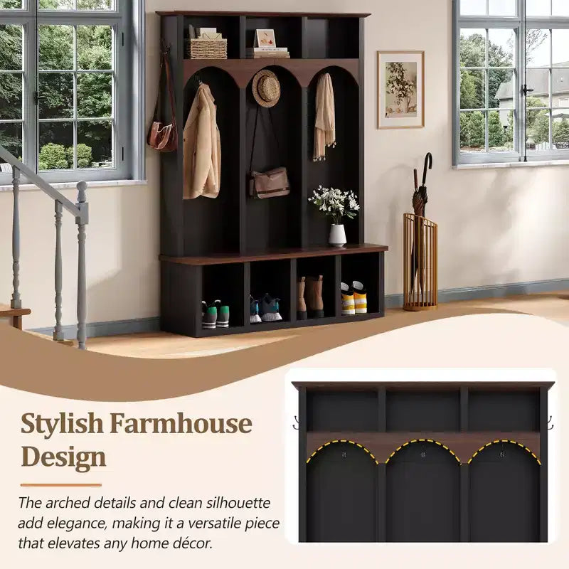 Farmhouse Wooden Style Hall Tree Storage Bench with 5 Hooks