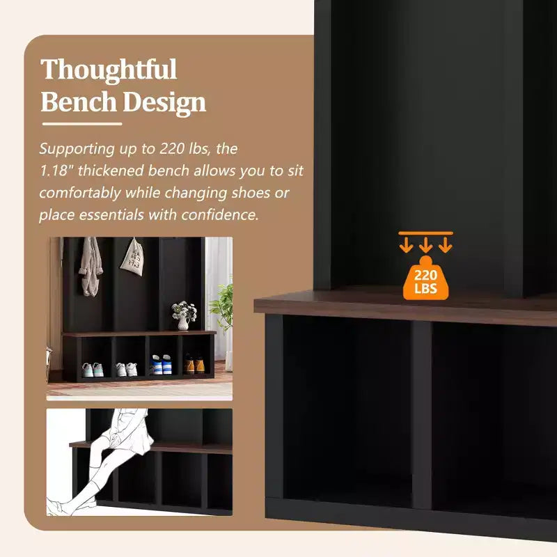 Farmhouse Wooden Style Hall Tree Storage Bench with 5 Hooks