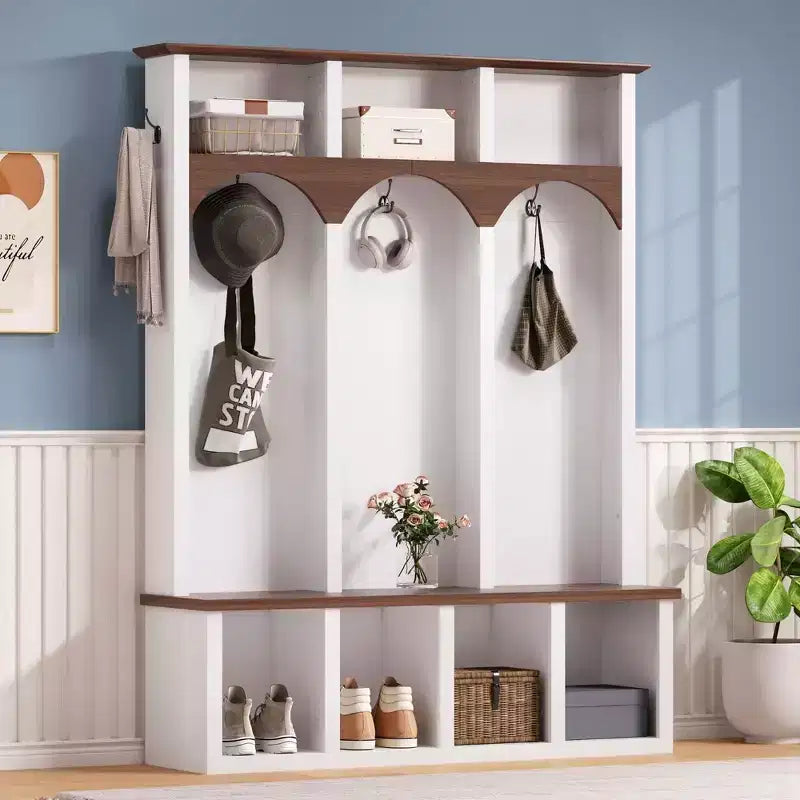 Farmhouse Wooden Style Hall Tree Storage Bench with 5 Hooks