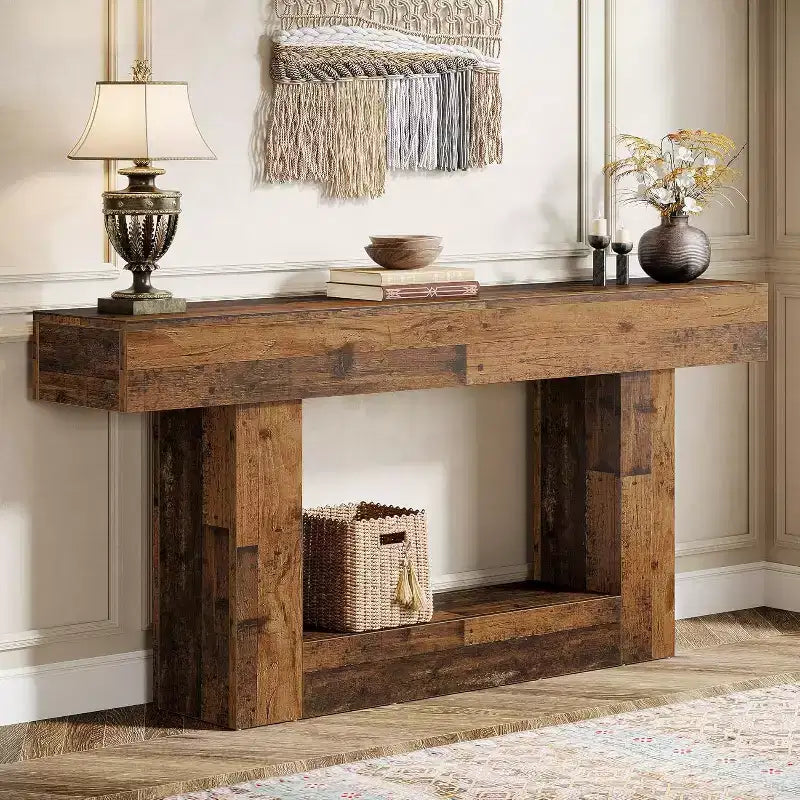 63-Inch Console Table, Farmhouse 2-Tier Entryway Table with U-Shaped Base for Living Room, Hallway, Foyer, Mix Brown