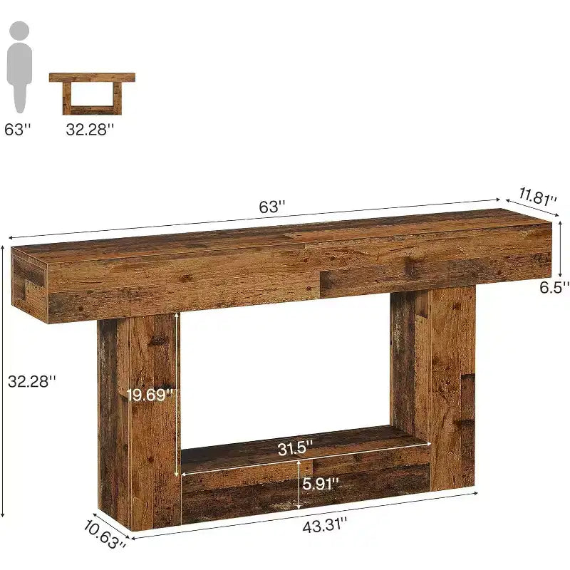 63-Inch Console Table, Farmhouse 2-Tier Entryway Table with U-Shaped Base for Living Room, Hallway, Foyer, Mix Brown