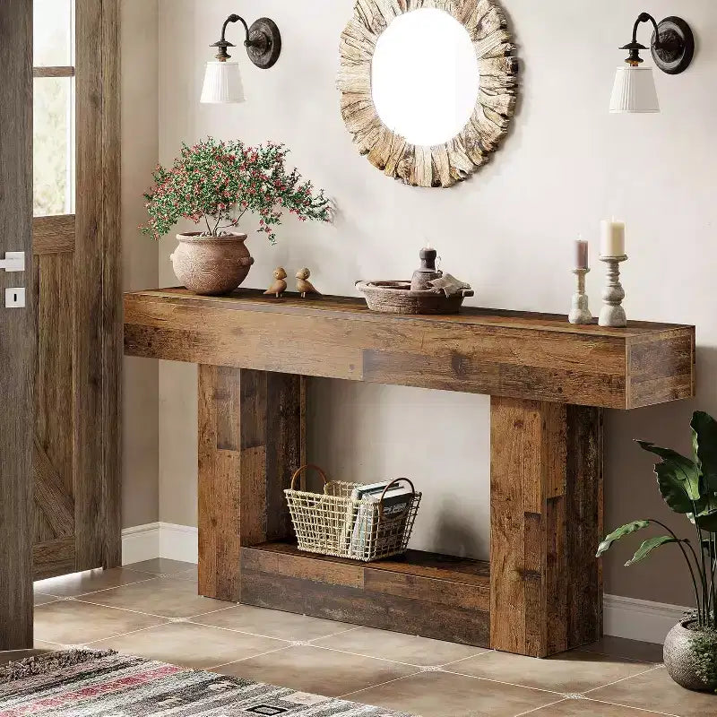 63-Inch Console Table, Farmhouse 2-Tier Entryway Table with U-Shaped Base for Living Room, Hallway, Foyer, Mix Brown
