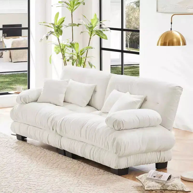 Couch 2 Seater Sofa with 2 Lumbar Pillows and 2 Throw Pillows for Living Room White