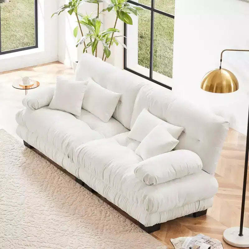 Couch 2 Seater Sofa with 2 Lumbar Pillows and 2 Throw Pillows for Living Room White