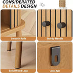 Comodino a 3 cassetti in stile Mid Century, Cassettiera in legno con frontali in vimini e maniglie nere per camera da letto, Rovere