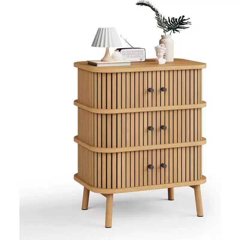 3-Drawer Mid Century Dresser, Wood Chest with Wicker Fronts & Black Handles for Bedroom, Oak
