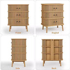 Comodino a 3 cassetti in stile Mid Century, Cassettiera in legno con frontali in vimini e maniglie nere per camera da letto, Rovere