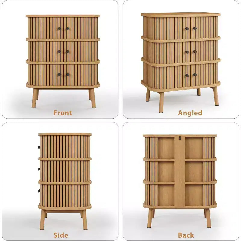 3-Drawer Mid Century Dresser, Wood Chest with Wicker Fronts & Black Handles for Bedroom, Oak