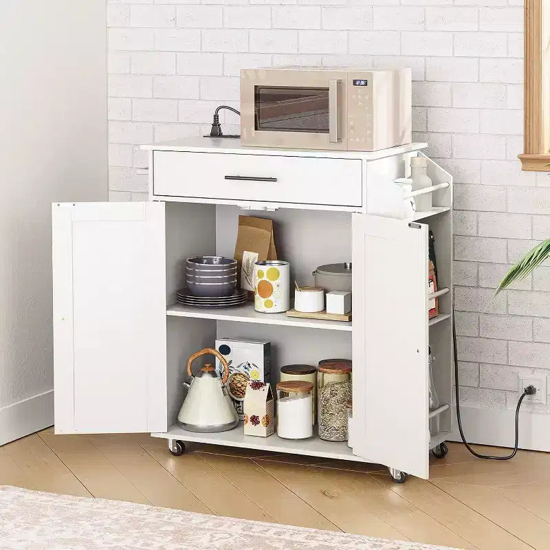 Rolling Kitchen Island with Power Outlet & Spice Rack - White Kitchen Storage Cart with Drawer, Lockable Wheels