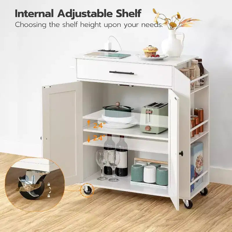 Rolling Kitchen Island with Power Outlet & Spice Rack - White Kitchen Storage Cart with Drawer, Lockable Wheels
