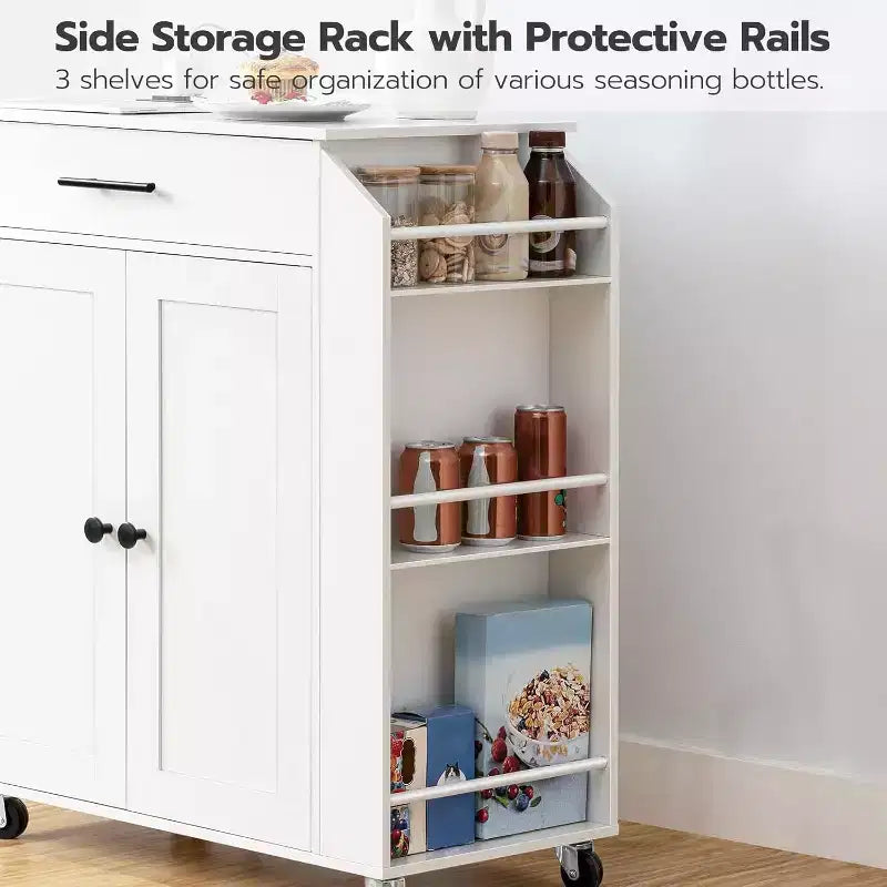 Rolling Kitchen Island with Power Outlet & Spice Rack - White Kitchen Storage Cart with Drawer, Lockable Wheels