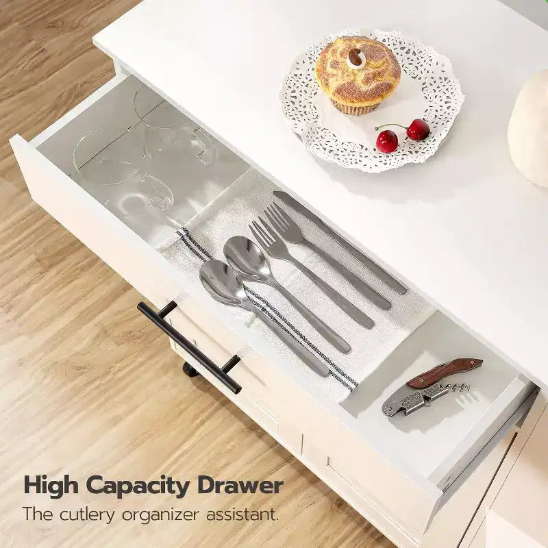 Rolling Kitchen Island with Power Outlet & Spice Rack - White Kitchen Storage Cart with Drawer, Lockable Wheels