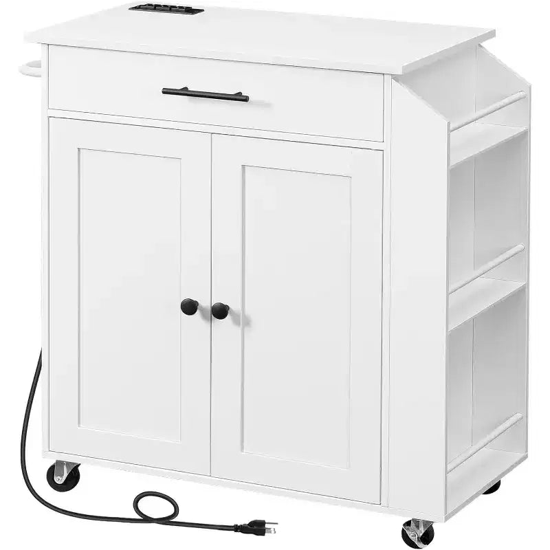 Rolling Kitchen Island with Power Outlet & Spice Rack - White Kitchen Storage Cart with Drawer, Lockable Wheels