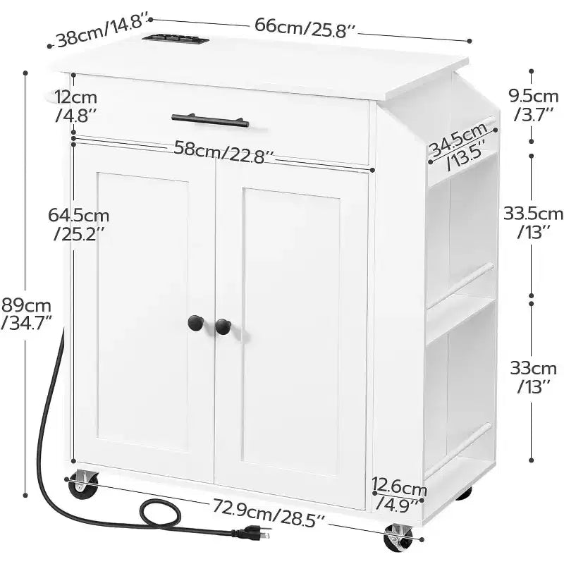 Rolling Kitchen Island with Power Outlet & Spice Rack - White Kitchen Storage Cart with Drawer, Lockable Wheels