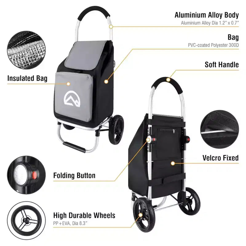 Aluminum Foldable Utility Shopping Cart w/ Wheels & Removable Bag