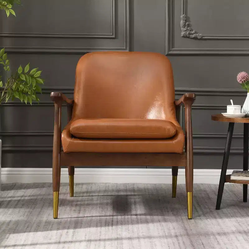 29.2-Inch Mid-Century Faux Leather Accent Chair with Cushioned Seat, Solid Wood Frame, for Lounge