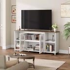 Mobile TV rustico da 70" - Centro di intrattenimento con ante in vetro ondulato e ripiani aperti, Consolle multimediale per soggiorno (Bianco e Marrone scuro)