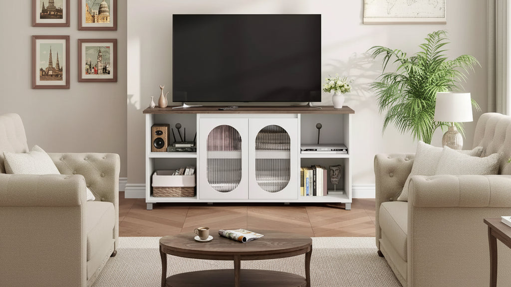70 Rustic TV Stand - Entertainment Center with Corrugated Glass Cabinet Doors & Open Shelves, Media Console for Living Room (White & Dark Brown)