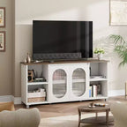 Mobile TV rustico da 70" - Centro di intrattenimento con ante in vetro ondulato e ripiani aperti, Consolle multimediale per soggiorno (Bianco e Marrone scuro)