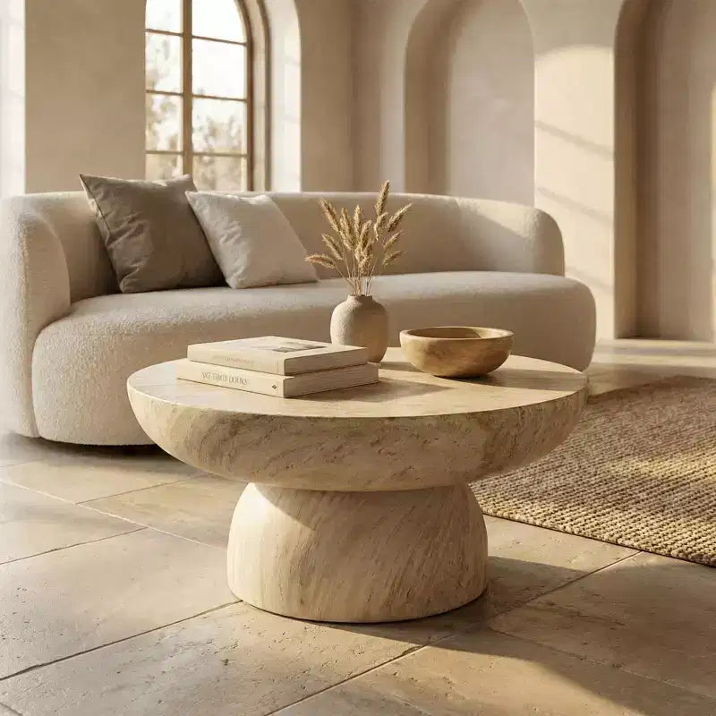 Round Coffee Table Fiberstone Pedestal Accent Table for Indoor or Outdoor Use, Sculpted Design with Anti-Slip Foot Pads