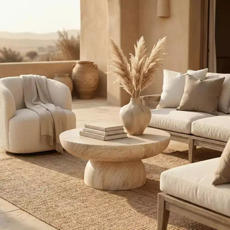 Round Coffee Table Fiberstone Pedestal Accent Table for Indoor or Outdoor Use, Sculpted Design with Anti-Slip Foot Pads