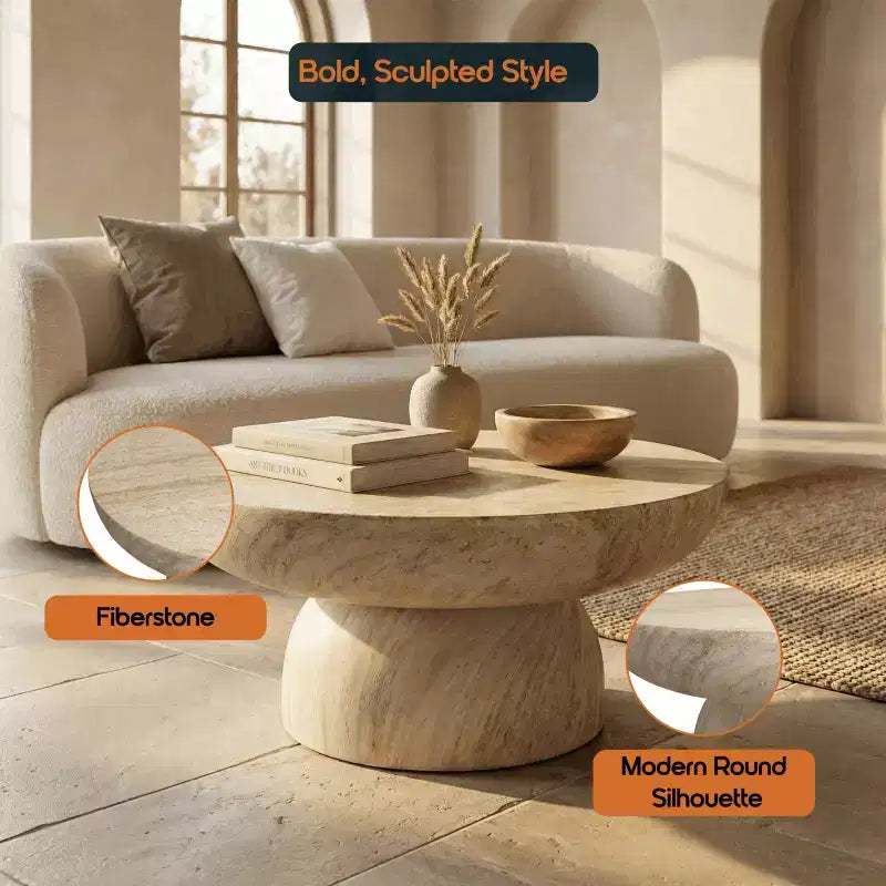 Round Coffee Table Fiberstone Pedestal Accent Table for Indoor or Outdoor Use, Sculpted Design with Anti-Slip Foot Pads