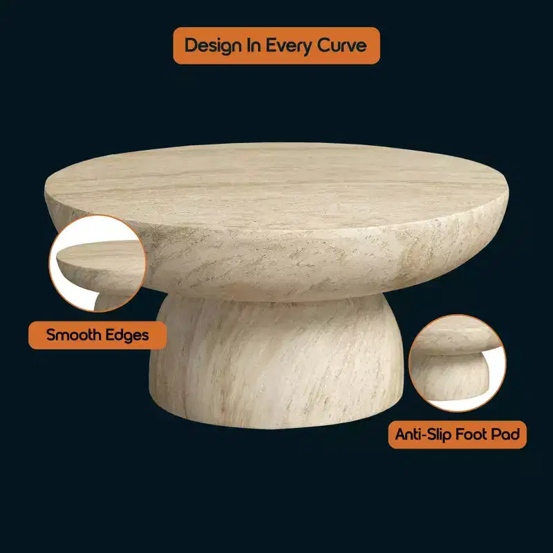 Round Coffee Table Fiberstone Pedestal Accent Table for Indoor or Outdoor Use, Sculpted Design with Anti-Slip Foot Pads
